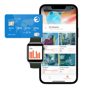 Screenshot of the Espresa Lifestyle Spending Account marketplace on a mobile phone and Apple watch and an example of an Espresa debit card.