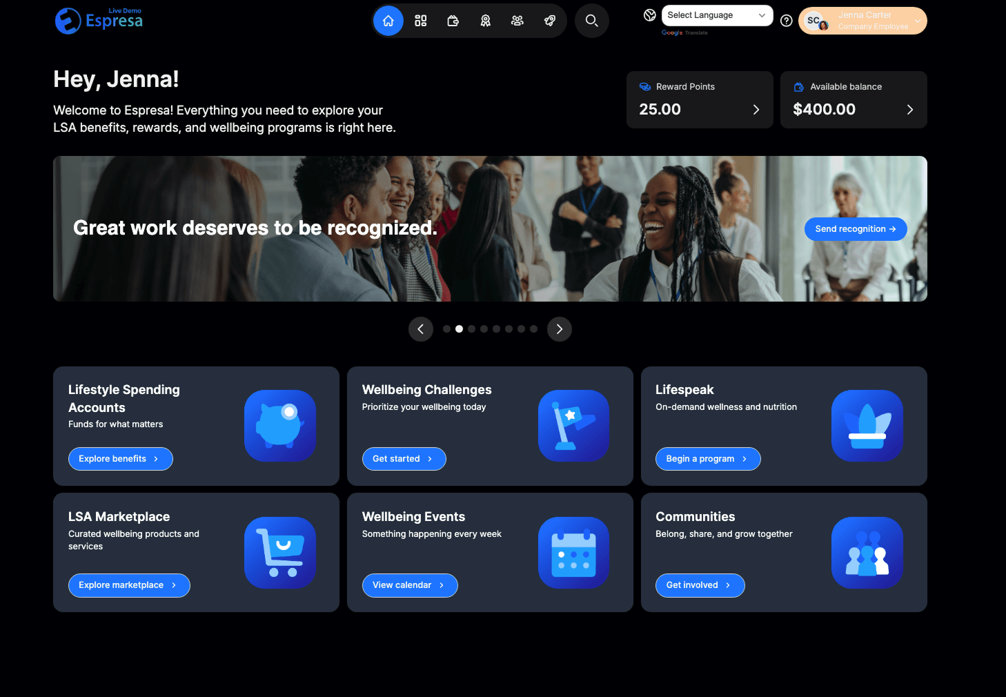 Espresa main dashboard featuring the Send Recognition banner