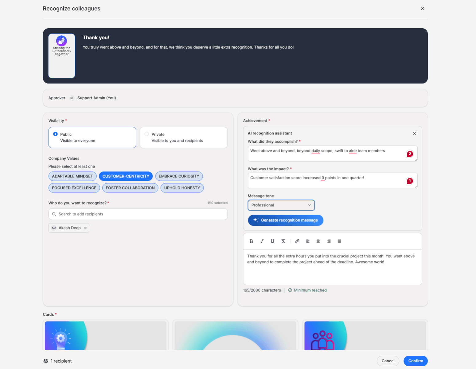Recognize colleagues modal with AI recognition assistant