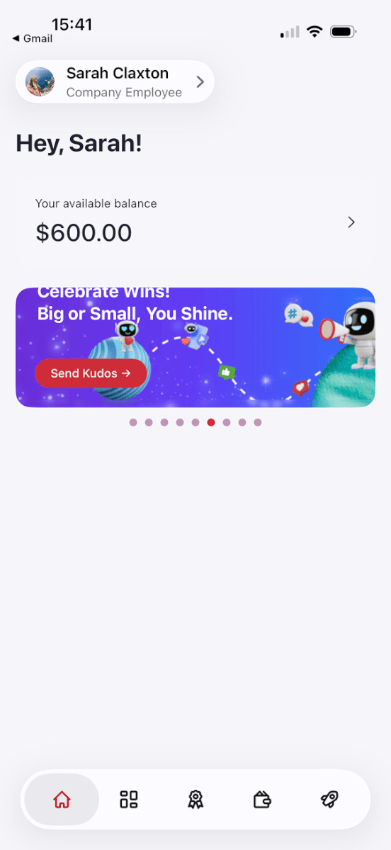 Espresa mobile home screen with Send Kudos recognition banner