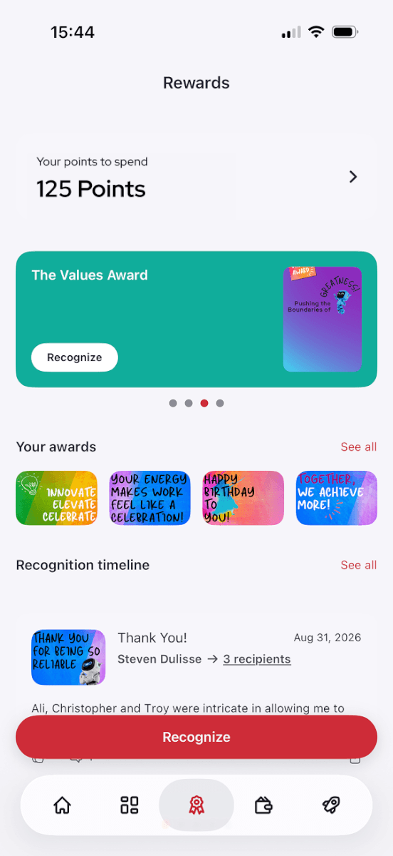 Mobile Rewards screen with awards and recognition timeline