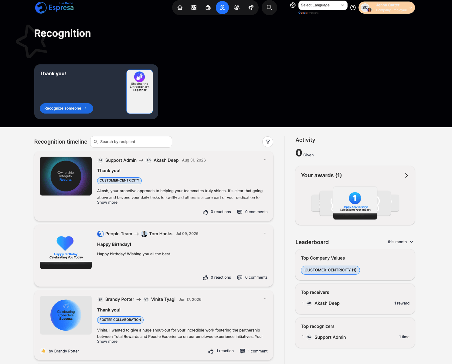 Recognition page with timeline, leaderboard, and awards